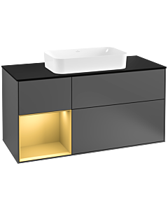 Villeroy und Boch Finion Waschtischunterschrank F292HFGK 120cm, Abdeckplatte black matt, Regal links Gold matt, Anthracite matt