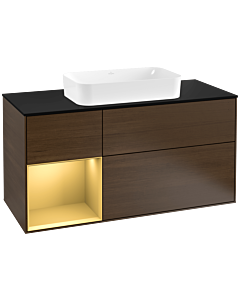 Villeroy und Boch Finion Waschtischunterschrank F292HFGN 120cm, Abdeckplatte black matt, Regal links Gold matt, Walnut veneer