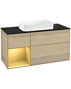 Villeroy und Boch Finion Waschtischunterschrank F292HFPC 120cm, Abdeckplatte black matt, Regal links Gold matt, Oak Veneer