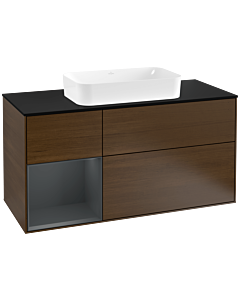 Villeroy und Boch Finion Waschtischunterschrank F292HGGN 120cm, Abdeckplatte black matt, Regal links Midnight Blue Matt Lacquer, Walnut veneer