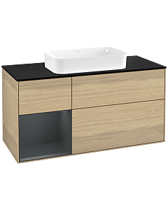Villeroy und Boch Finion Waschtischunterschrank F292HGPC 120cm, Abdeckplatte black matt, Regal links Midnight Blue Matt Lacquer, Oak Veneer