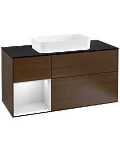 Villeroy und Boch Finion Waschtischunterschrank F292MTGN 120cm, Abdeckplatte black matt, Regal links White matt lacquer, Walnut veneer