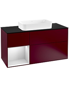 Villeroy und Boch Finion Waschtischunterschrank F292MTHB 120cm, Abdeckplatte black matt, Regal links White matt lacquer, Peony Matt