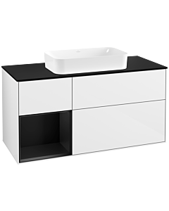 Villeroy und Boch Finion Waschtischunterschrank F292PDGF 120cm, Abdeckplatte black matt, Regal links Black matt lacquer, Glossy white lacquer