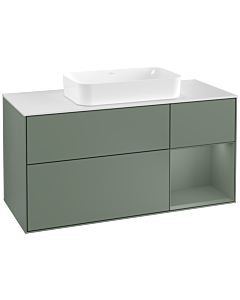 Villeroy und Boch Finion Waschtischunterschrank F301GMGM 120cm, Abdeckplatte white matt, Regal rechts Olive Matt Lacquer, Olive Matt Lacquer