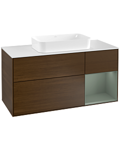 Villeroy und Boch Finion Waschtischunterschrank F301GMGN 120cm, Abdeckplatte white matt, Regal rechts Olive Matt Lacquer, Walnut veneer