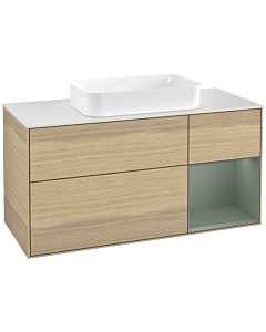 Villeroy und Boch Finion Villeroy und Boch F301GMPC 120cm, plaque de finition blanc mat, étagère à droite Olive Matt Lacquer , Oak Veneer