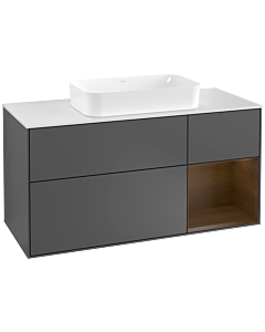 Villeroy und Boch Finion Waschtischunterschrank F301GNGK 120cm, Abdeckplatte white matt, Regal rechts Walnut veneer, Anthracite matt