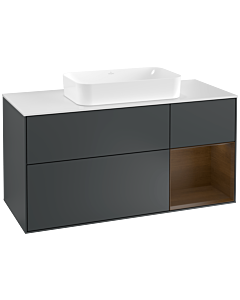 Villeroy und Boch Finion Waschtischunterschrank F301GNHG 120cm, Abdeckplatte white matt, Regal rechts Walnut veneer, Midnight Blue Matt Lacquer