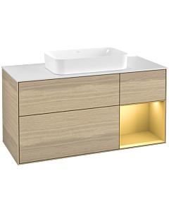 Villeroy und Boch Finion Waschtischunterschrank F301HFPC 120cm, Abdeckplatte white matt, Regal rechts Gold matt, Oak Veneer