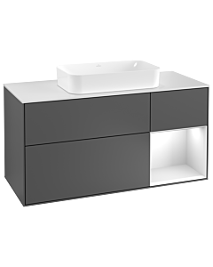 Villeroy und Boch Finion Waschtischunterschrank G301MTGK 120cm, Abdeckplatte white matt, Emotion, Regal rechts White matt lacquer, Anthracite matt