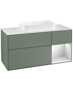Villeroy und Boch Finion Villeroy und Boch F301MTGM 120cm, plaque de recouvrement blanc mat, étagère à droite laqué blanc mat, Olive Matt Lacquer