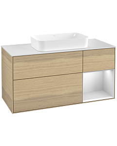 Villeroy und Boch Finion Waschtischunterschrank F301MTPC 120cm, Abdeckplatte white matt, Regal rechts White matt lacquer, Oak Veneer