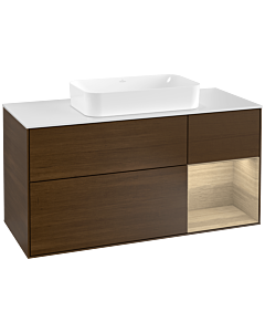 Villeroy und Boch Finion Waschtischunterschrank F301PCGN 120cm, Abdeckplatte white matt, Regal rechts Oak Veneer, Walnut veneer
