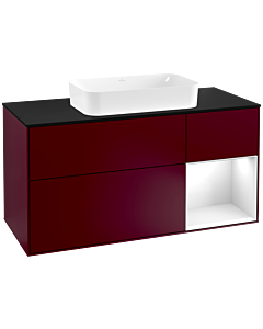 Villeroy und Boch Finion Waschtischunterschrank F302GFHB 120cm, Abdeckplatte black matt, Regal rechts Glossy white lacquer, Peony Matt