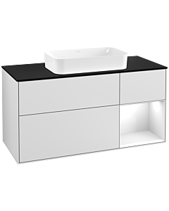 Villeroy und Boch Finion Waschtischunterschrank F302GFMT 120cm, Abdeckplatte black matt, Regal rechts Glossy white lacquer, White matt lacquer