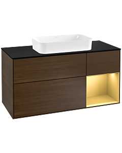Villeroy und Boch Finion Waschtischunterschrank F302HFGN 120cm, Abdeckplatte black matt, Regal rechts Gold matt, Walnut veneer