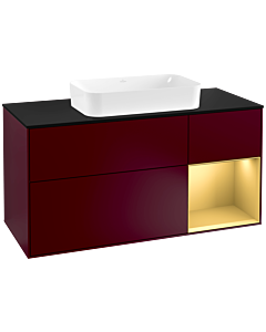 Villeroy und Boch Finion Waschtischunterschrank F302HFHB 120cm, Abdeckplatte black matt, Regal rechts Gold matt, Peony Matt