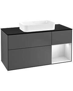 Villeroy und Boch Finion Waschtischunterschrank F302MTGK 120cm, Abdeckplatte black matt, Regal rechts White matt lacquer, Anthracite matt