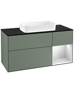 Villeroy und Boch Finion Waschtischunterschrank F302MTGM 120cm, Abdeckplatte black matt, Regal rechts White matt lacquer, Olive Matt Lacquer