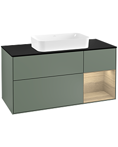 Villeroy und Boch Finion Waschtischunterschrank F302PCGM 120cm, Abdeckplatte black matt, Regal rechts Oak Veneer, Olive Matt Lacquer
