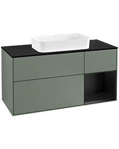 Villeroy und Boch Finion Villeroy und Boch F302PDGM 120cm, plaque de finition noir mat, étagère à droite laqué noir mat, Olive Matt Lacquer