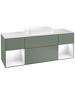 Villeroy und Boch Finion Villeroy und Boch F331GFGM 160x60,3cm, plaque de finition blanc mat, étagères laqué blanc brillant, Olive Matt Lacquer