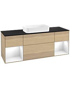Villeroy und Boch Finion Waschtischunterschrank F332GFPC 160x60,3cm, Abdeckplatte black matt, Regale Glossy white lacquer, Oak Veneer
