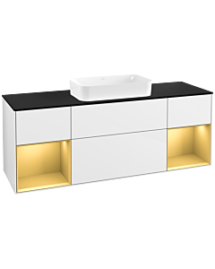 Villeroy und Boch Finion Waschtischunterschrank F332HFGF 160x60,3cm, Abdeckplatte black matt, Regale Gold matt lacquer, Glossy white lacquer