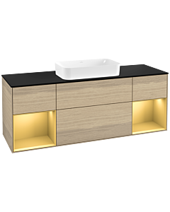 Villeroy und Boch Finion Waschtischunterschrank F332HFPC 160x60,3cm, Abdeckplatte black matt, Regale Gold matt lacquer, Oak Veneer