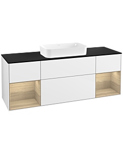 Villeroy und Boch Finion Waschtischunterschrank F332PCGF 160x60,3cm, Abdeckplatte black matt, Regale Oak Veneer, Glossy white lacquer