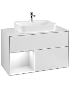 Villeroy und Boch Finion Waschtischunterschrank F361GFMT 100cm, Abdeckplatte white matt, Regal links Glossy white lacquer, White matt lacquer