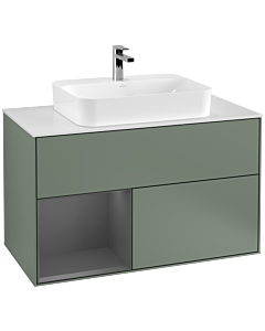 Villeroy und Boch Finion Villeroy und Boch F361GKGM 100cm, plaque de finition blanc mat, étagère gauche anthracite mat, Olive Matt Lacquer