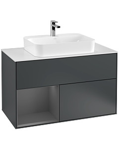 Villeroy und Boch Finion Waschtischunterschrank F361GKHG 100cm, Abdeckplatte white matt, Regal links Anthracite matt, Midnight Blue Matt Lacquer