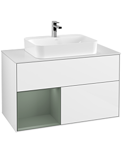 Villeroy und Boch Finion Waschtischunterschrank F361GMGF 100cm, Abdeckplatte white matt, Regal links Olive Matt Lacquer, Glossy white lacquer