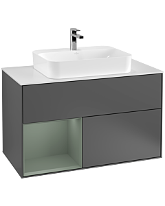 Villeroy und Boch Finion Waschtischunterschrank F361GMGK 100cm, Abdeckplatte white matt, Regal links Olive Matt Lacquer, Anthracite matt