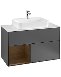 Villeroy und Boch Finion Villeroy und Boch F361GNGK 100cm, plaque de finition blanc mat, étagère gauche placage noyer, anthracite mat