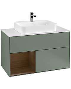Villeroy und Boch Finion Waschtischunterschrank F361GNGM 100cm, Abdeckplatte white matt, Regal links Walnut veneer, Olive Matt Lacquer