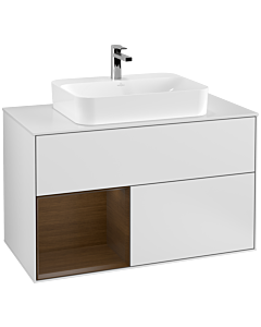 Villeroy und Boch Finion Waschtischunterschrank F361GNMT 100cm, Abdeckplatte white matt, Regal links Walnut veneer, White matt lacquer