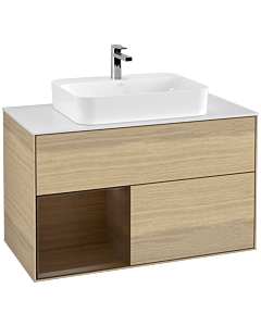 Villeroy und Boch Finion Waschtischunterschrank F361GNPC 100cm, Abdeckplatte white matt, Regal links Walnut veneer, Oak Veneer