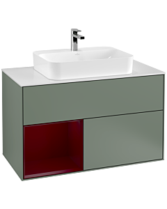 Villeroy und Boch Finion Waschtischunterschrank F361HBGM 100cm, Abdeckplatte white matt, Regal links Peony, Olive Matt Lacquer