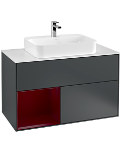 Villeroy und Boch Finion Waschtischunterschrank F361HBHG 100cm, Abdeckplatte white matt, Regal links Peony, Midnight Blue Matt Lacquer