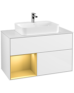 Villeroy und Boch Finion Waschtischunterschrank F361HFGF 100cm, Abdeckplatte white matt, Regal links Gold matt, Glossy white lacquer