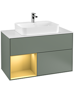 Villeroy und Boch Finion Waschtischunterschrank F361HFGM 100cm, Abdeckplatte white matt, Regal links Gold matt, Olive Matt Lacquer
