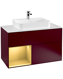 Villeroy und Boch Finion Waschtischunterschrank F361HFHB 100cm, Abdeckplatte white matt, Regal links Gold matt, Peony Matt