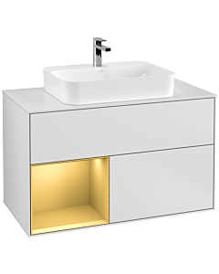 Villeroy und Boch Finion Waschtischunterschrank F361HFMT 100cm, Abdeckplatte white matt, Regal links Gold matt, White matt lacquer