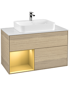 Villeroy und Boch Finion Waschtischunterschrank F361HFPC 100cm, Abdeckplatte white matt, Regal links Gold matt, Oak Veneer