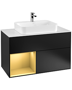 Villeroy und Boch Finion Waschtischunterschrank F361HFPD 100cm, Abdeckplatte white matt, Regal links Gold matt, Black matt lacquer