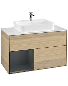 Villeroy und Boch Finion Waschtischunterschrank F361HGPC 100cm, Abdeckplatte white matt, Regal links Midnight Blue Matt Lacquer, Oak Veneer