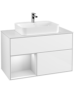 Villeroy und Boch Finion Villeroy und Boch F361MTGF 100cm, plaque de recouvrement blanc mat, étagère gauche laqué blanc mat, laqué blanc brillant